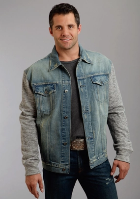 Stetson Mens Stretch Knit Sleeves Blue 100% Cotton Jacket Cashmere Blend