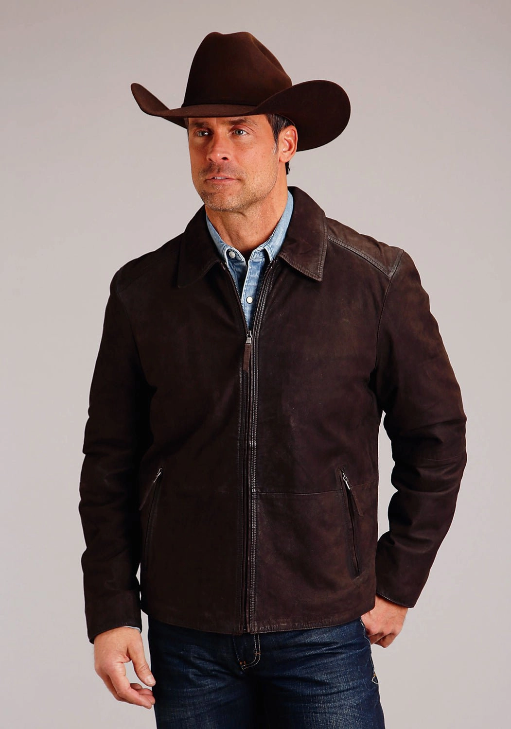 Quick Release Fasteners Stetson Mens Welt Pockets Brown Suede Leather Jacket