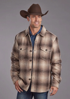 Stetson Mens Western Plaid Shirt Brown/Tan 100% Wool Wool Jacket Modern Layers Elegant Evening