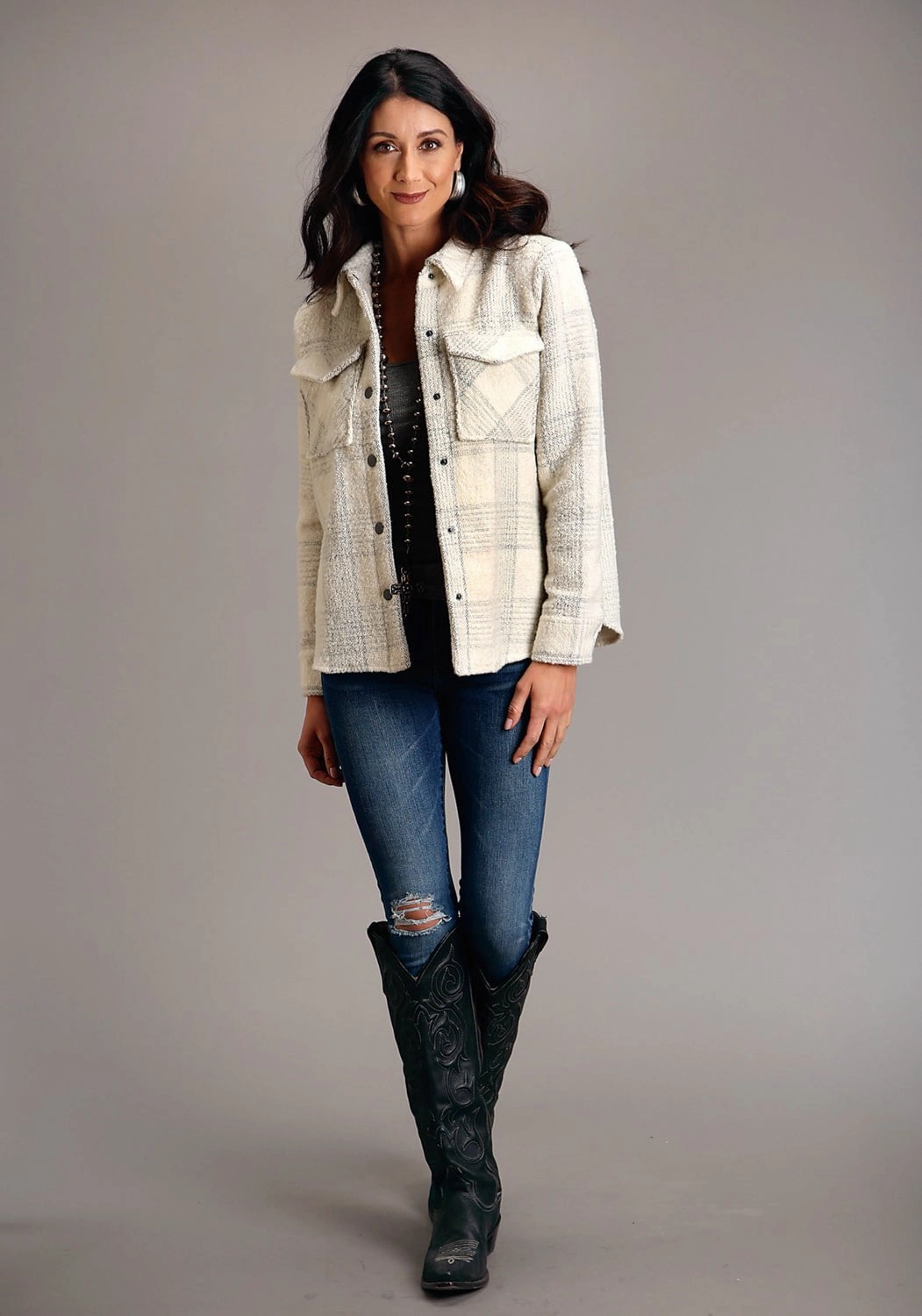 Hollow Fiber Fill Stetson Womens 1761 Windowpane Plaid Cream Wool Blend Wool Jacket