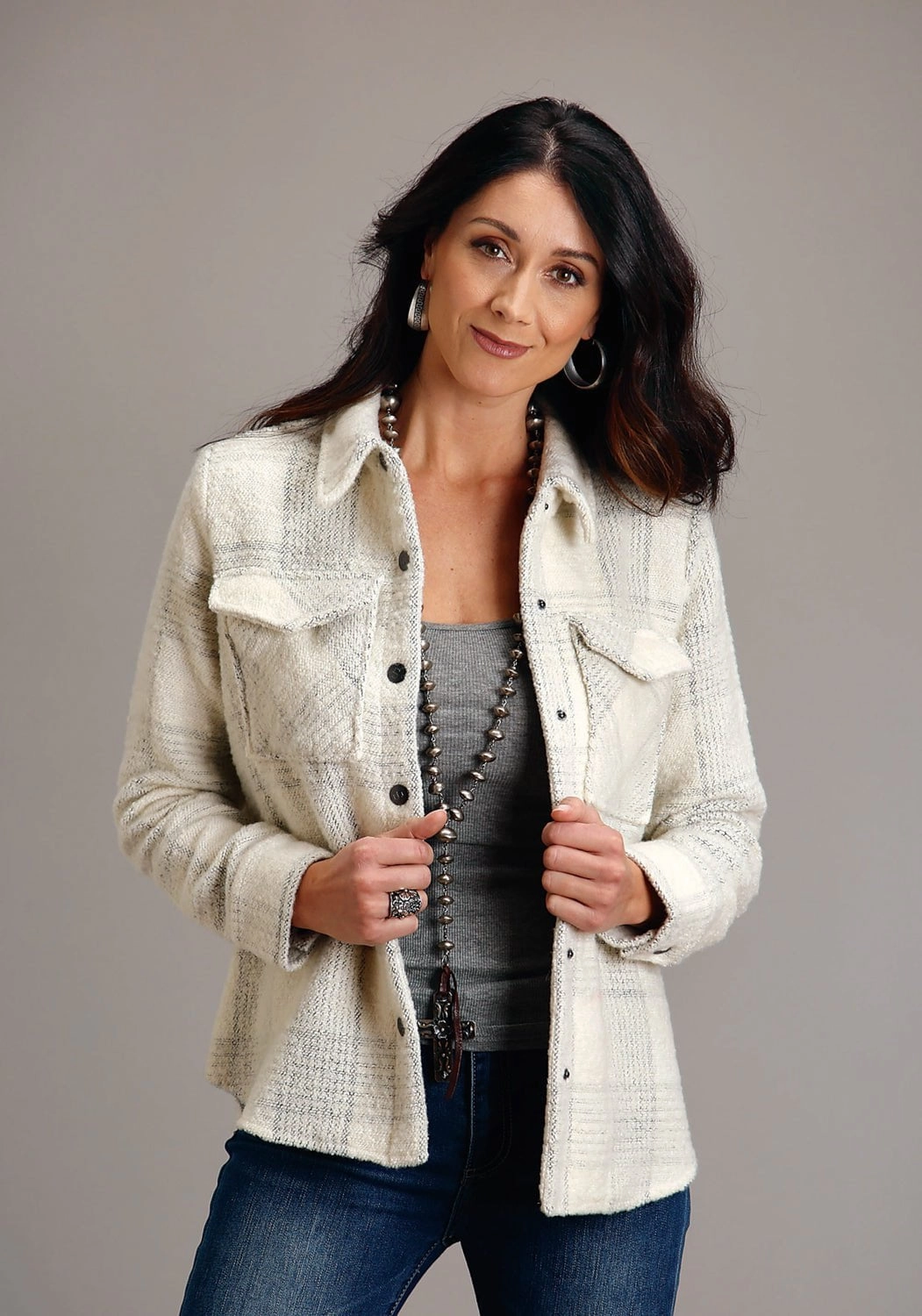 Heat Keep Ergonomic Mobility Cut Stetson Womens 1761 Windowpane Plaid Cream Wool Blend Wool Jacket