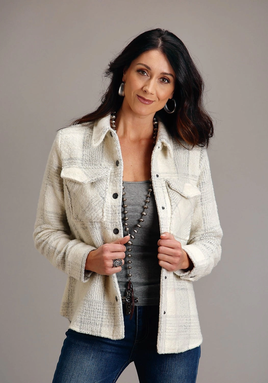 Stetson Womens 1761 Windowpane Plaid Cream Wool Blend Wool Jacket Water Resistant Fabric Recycled Textile