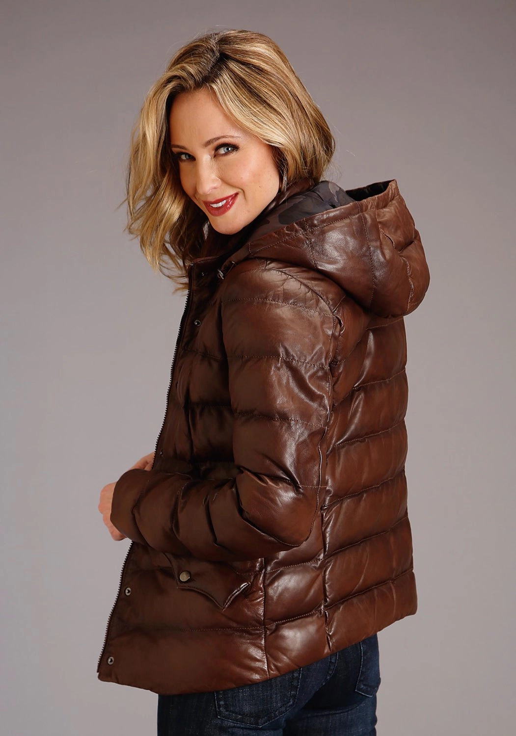 Stetson Womens Antique Brown Leather Puffy Jacket Asymmetric Hemline