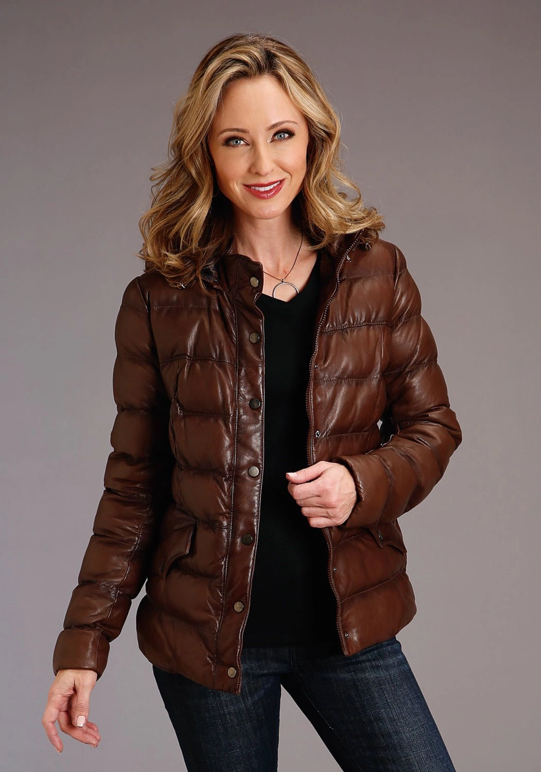 Stetson Womens Antique Brown Leather Puffy Jacket Poly Blend Cozy Design