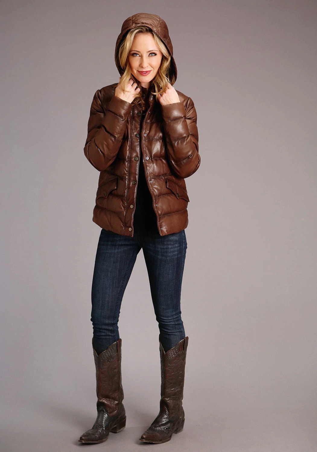 Double Layered Fabric Layered Neckline Stetson Womens Antique Brown Leather Puffy Jacket