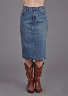 Stetson Womens Asymmetrical Seam Medium Wash 100% Cotton Skirt Tea length Outfit Shot