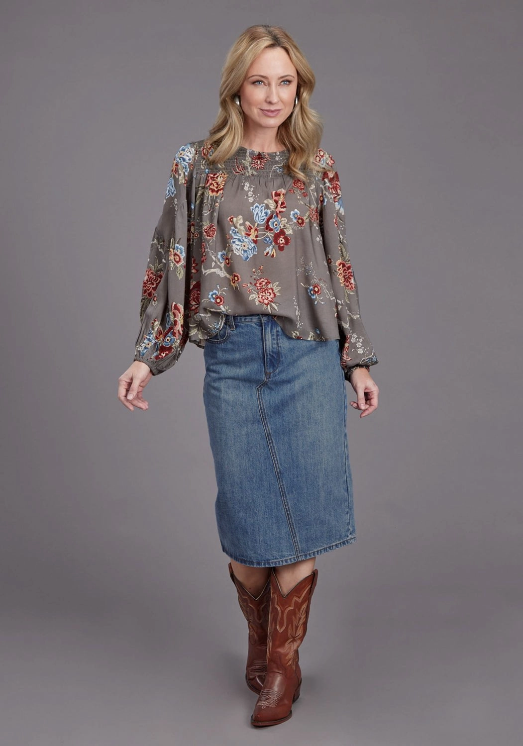 Stetson Womens Asymmetrical Seam Medium Wash 100% Cotton Skirt Hand Painted