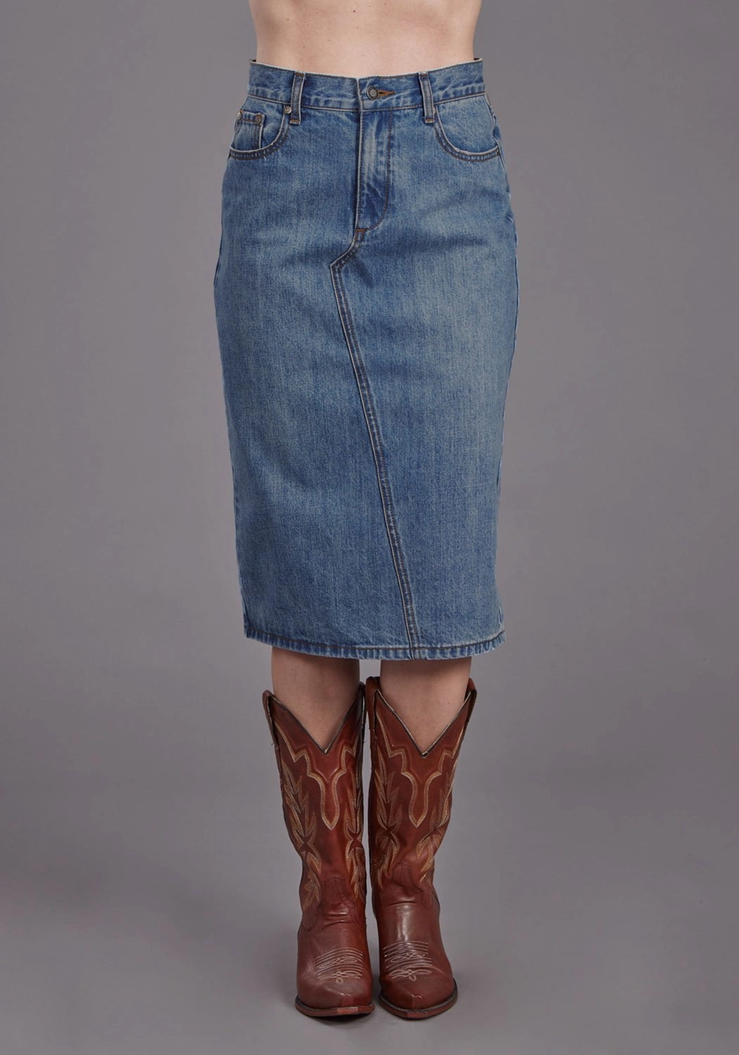 Stetson Womens Asymmetrical Seam Medium Wash 100% Cotton Skirt Fashion Detail Relaxed Style