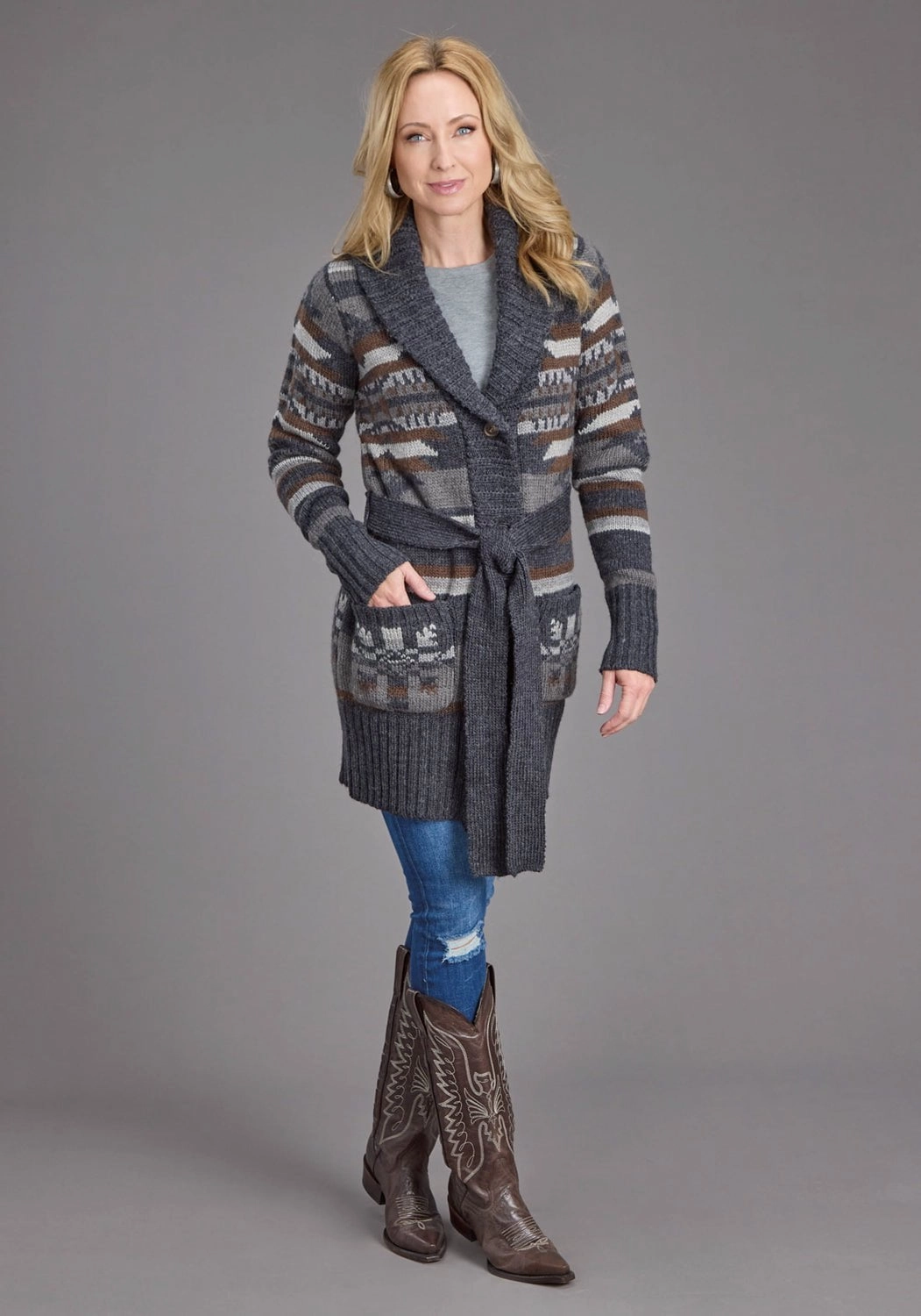 Natural Fiber Blend Trendy Look Stetson Womens Aztec Self Tie Grey/Indigo Wool Blend Cardigan Sweater
