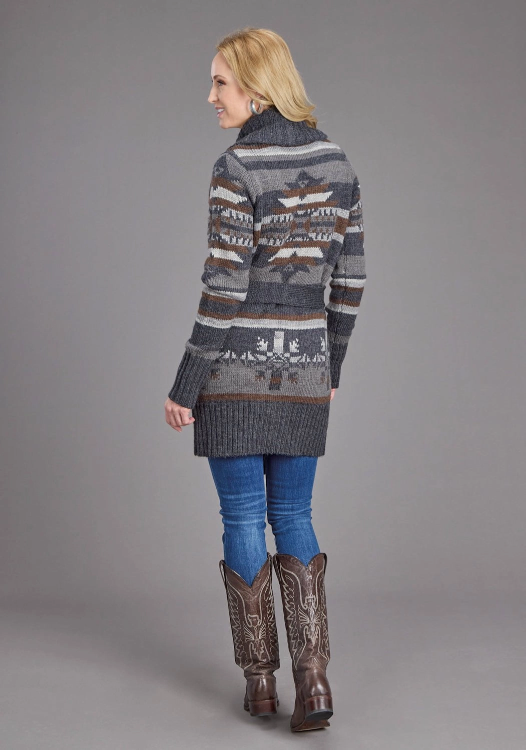 Stetson Womens Aztec Self Tie Grey/Indigo Wool Blend Cardigan Sweater Fashion Forward Wear Everyday Comfort