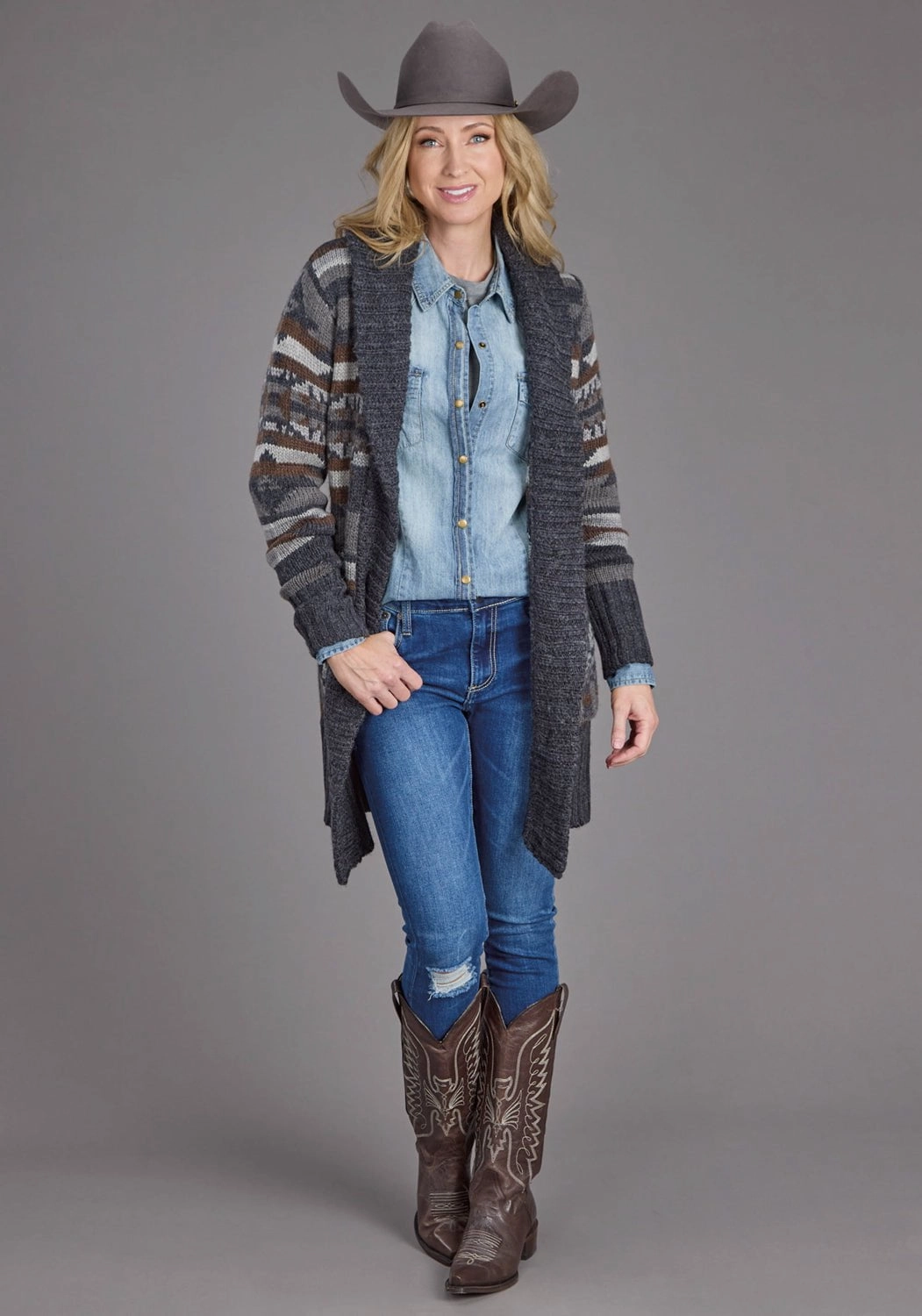 Stetson Womens Aztec Self Tie Grey/Indigo Wool Blend Cardigan Sweater Multi Panel Construction