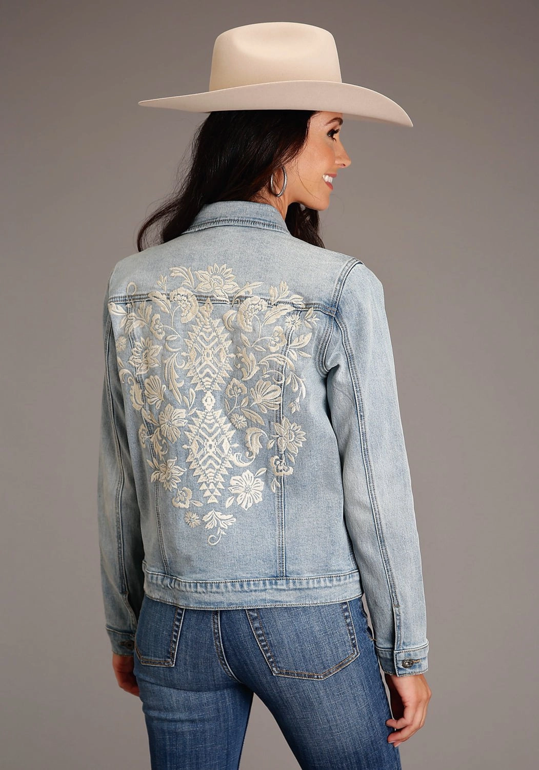 Stetson Womens Back Floral Embroidery Blue Cotton Blend Cotton Jacket Elasticized Edging