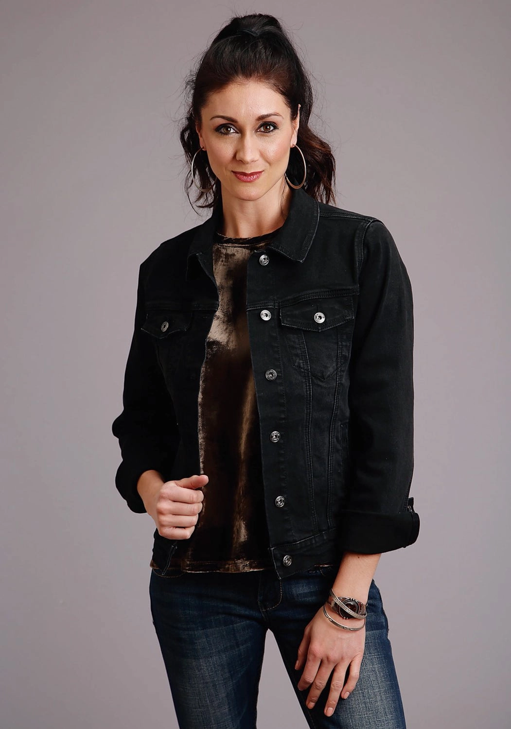 Abrasion resistant Light Reflective Stetson Womens Black Cotton Blend Denim Stretch Jacket