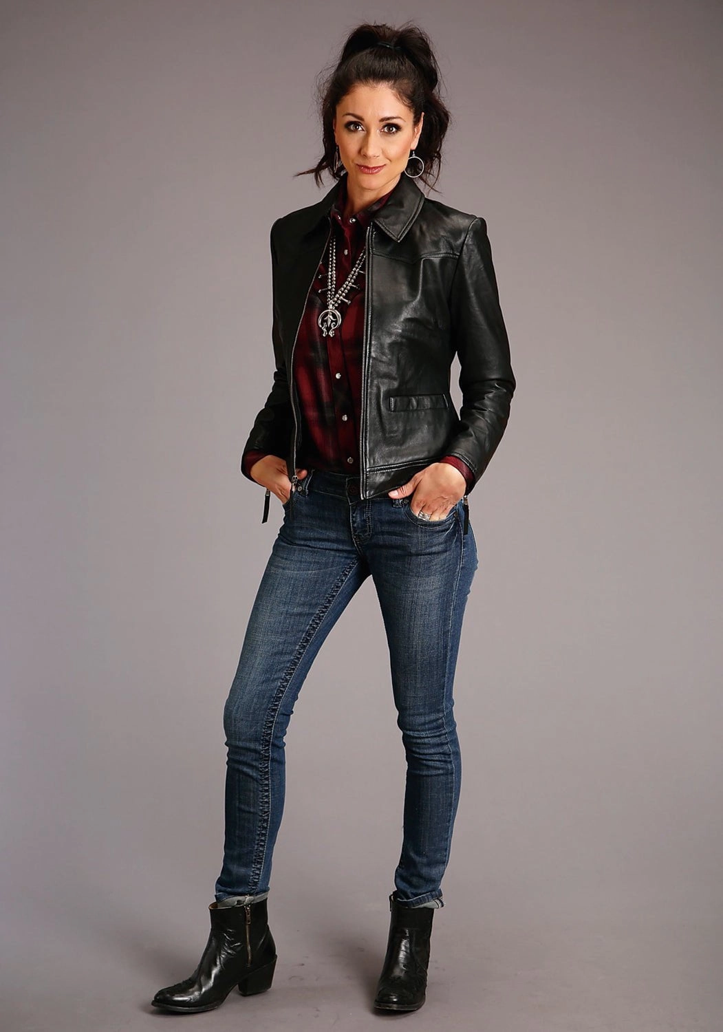 Reinforced Elbows Stetson Womens Black Lamb Leather Smooth Collared Jacket