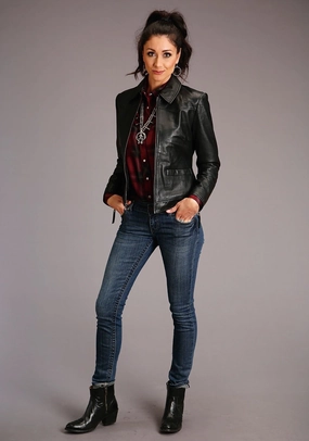 Stetson Womens Black Lamb Leather Smooth Collared Jacket Light Diffusing Fabric