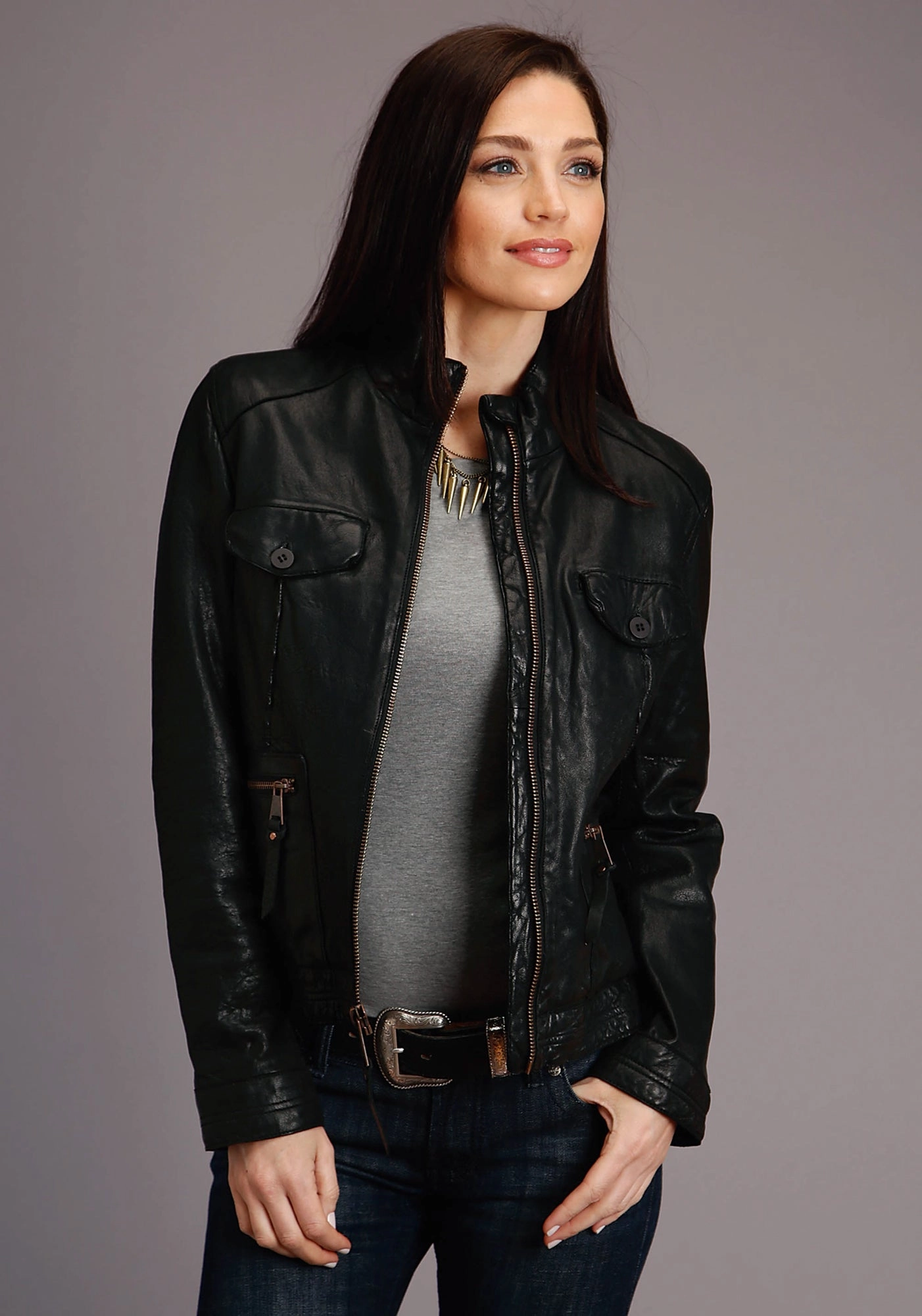 Temperature Balancing Layer Stetson Womens Black Leather Smooth Pockets Jacket