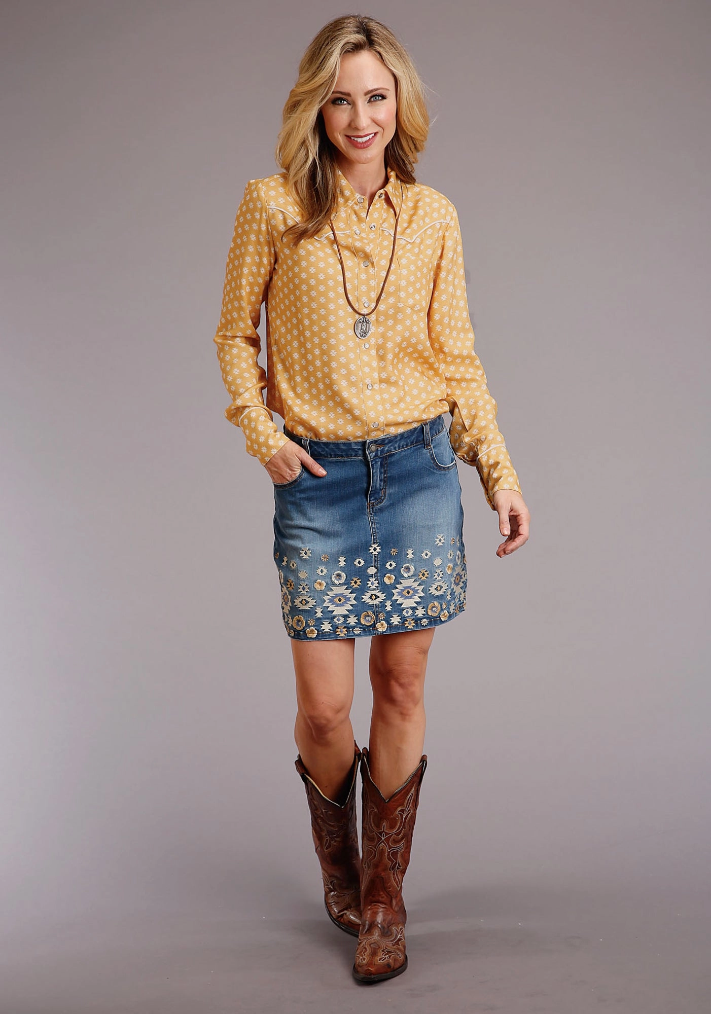 Abstract Motif Washable fabric Stetson Womens Blue Cotton Blend Aztec Floral Stitch Skirt