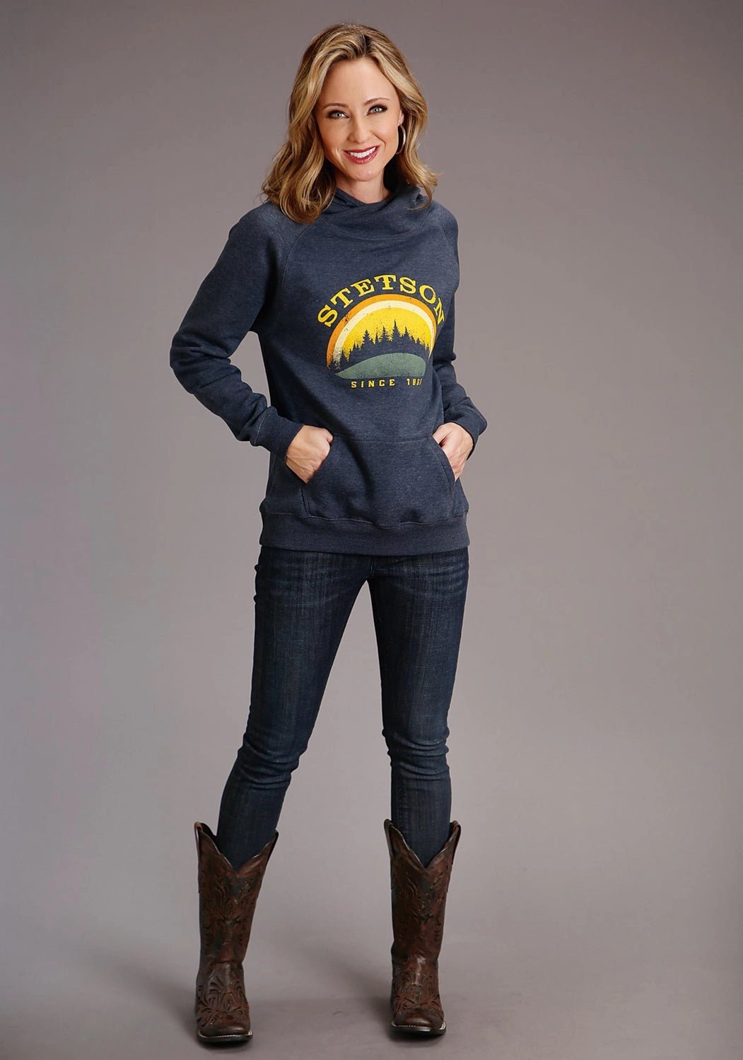 Stetson Womens Blue Cotton Blend Sunset and Trees Hoodie Cozy Vibe Timeless Fashion