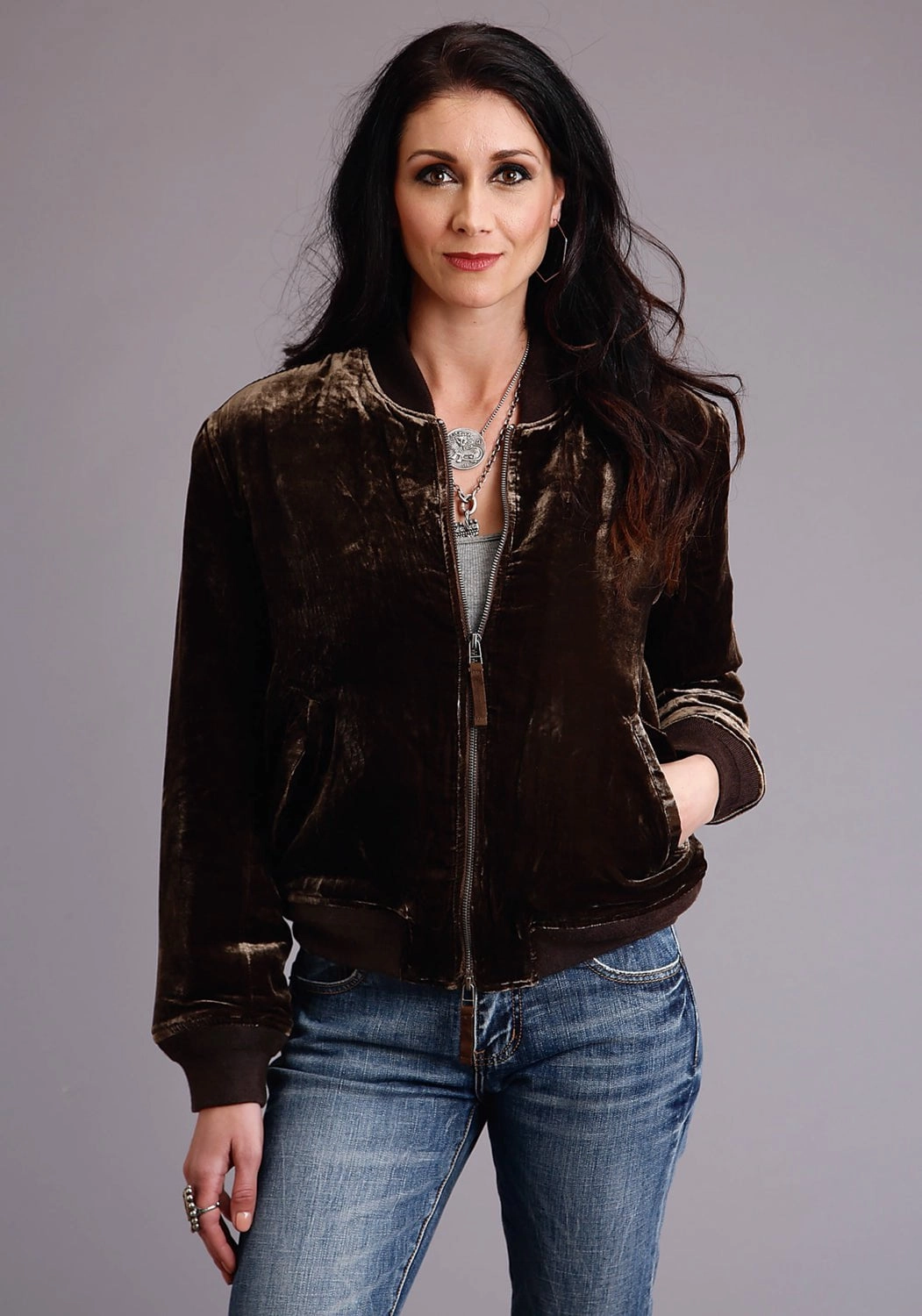 Rainy Day Smooth Finish Stetson Womens Chocolate Bronze Rayon Velvet Bomber Jacket