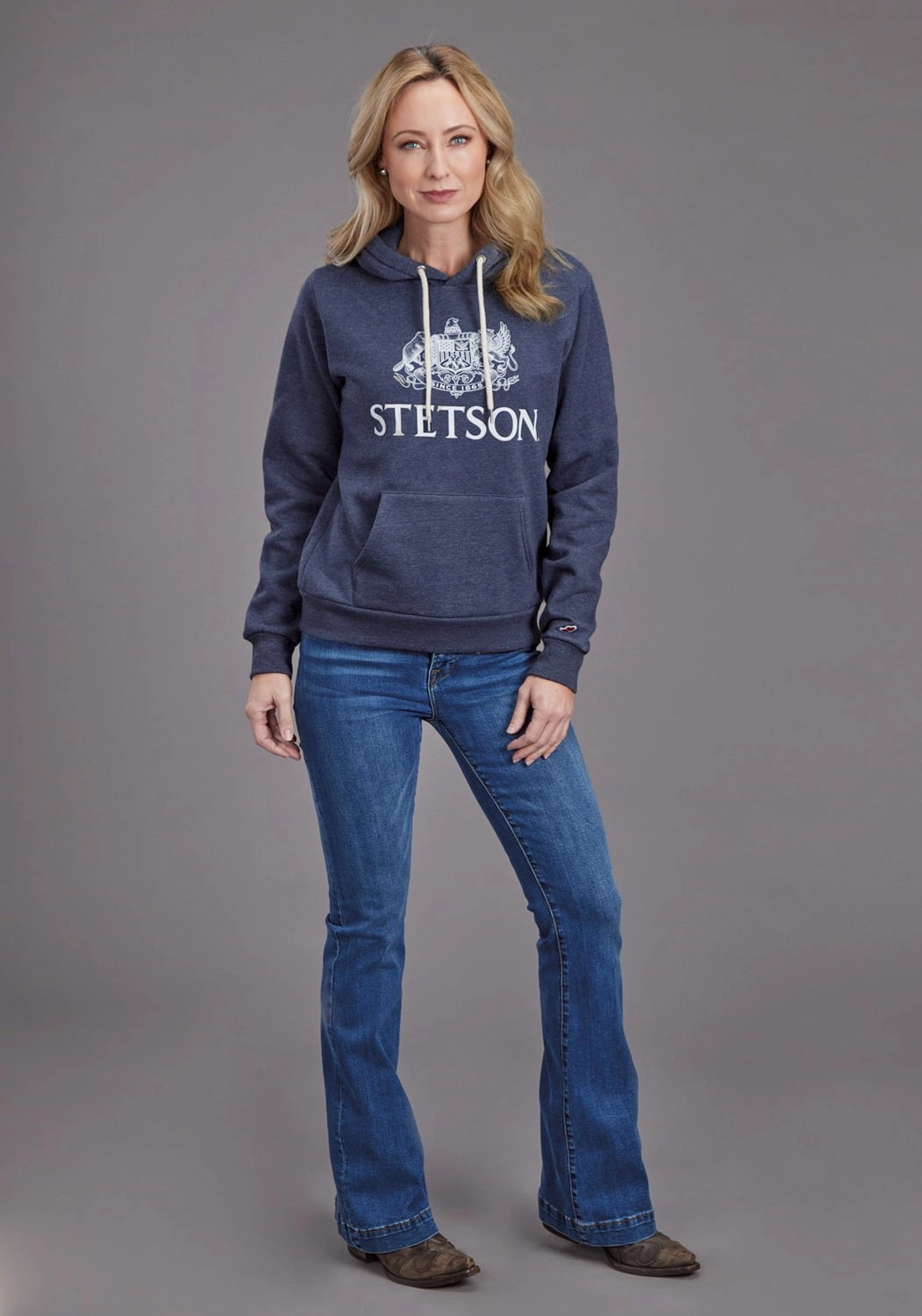 All Day Wear Eco Friendly Stetson Womens Crest Logo Heather Navy Cotton Blend Hoodie