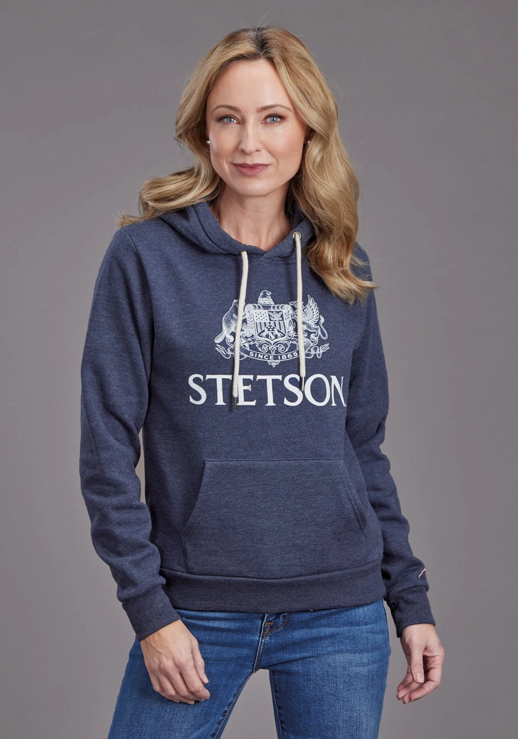 Stetson Womens Crest Logo Heather Navy Cotton Blend Hoodie Winter Layering Piece
