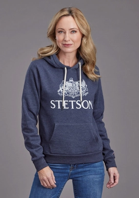 Subtle Layers Stetson Womens Crest Logo Heather Navy Cotton Blend Hoodie
