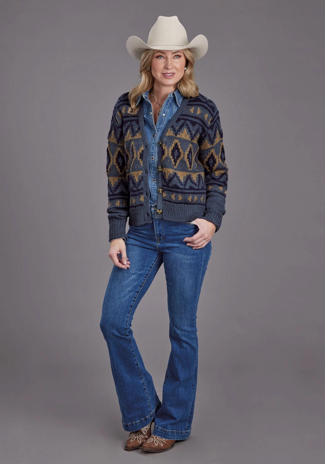 Stetson Womens Cropped Indigo Acrylic Blend Cardigan Sweater Dynamic Ventilation Panels