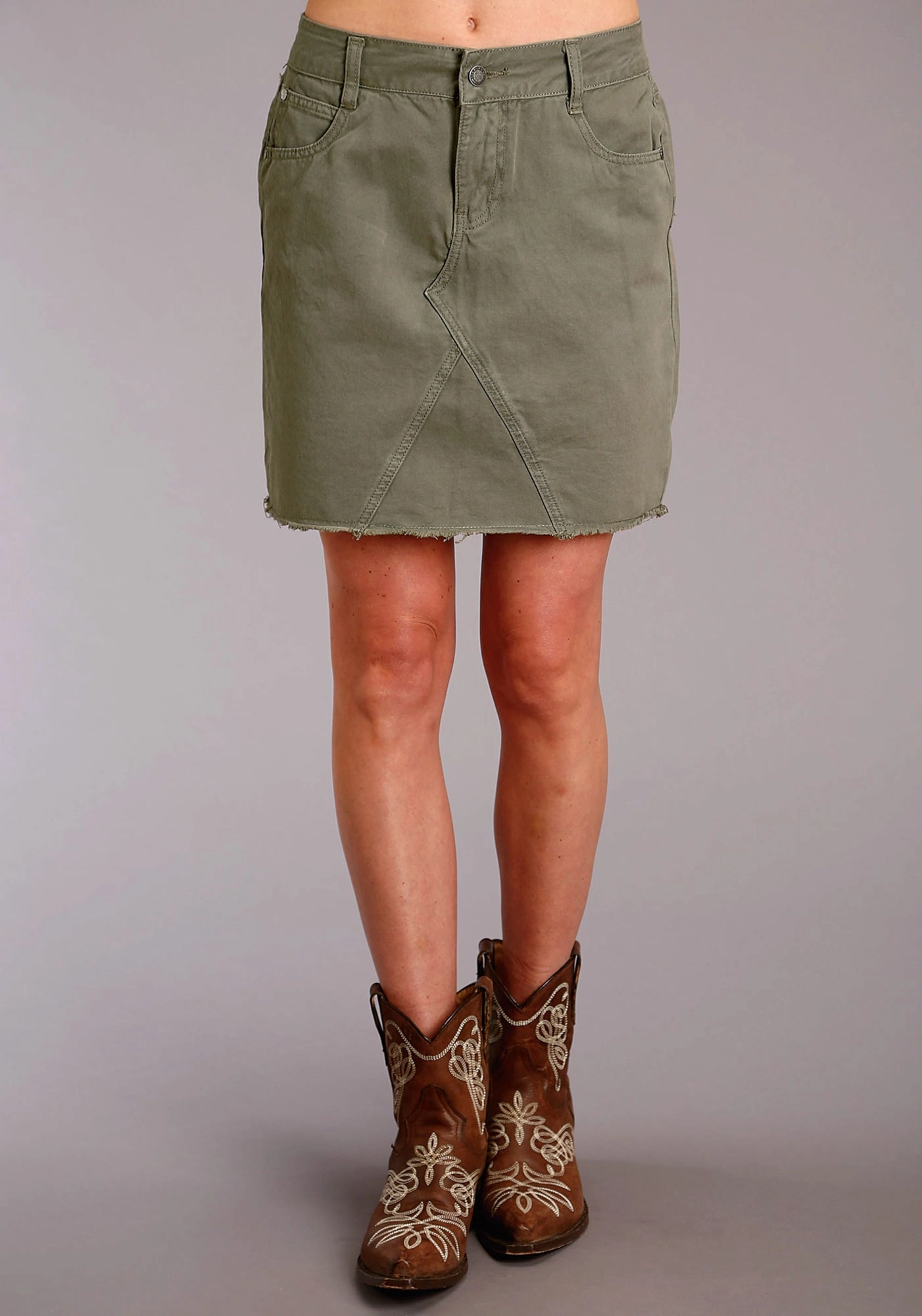 Stetson Womens Five Pocket Raw Edge Olive 100% Cotton Skirt Crafted Detail
