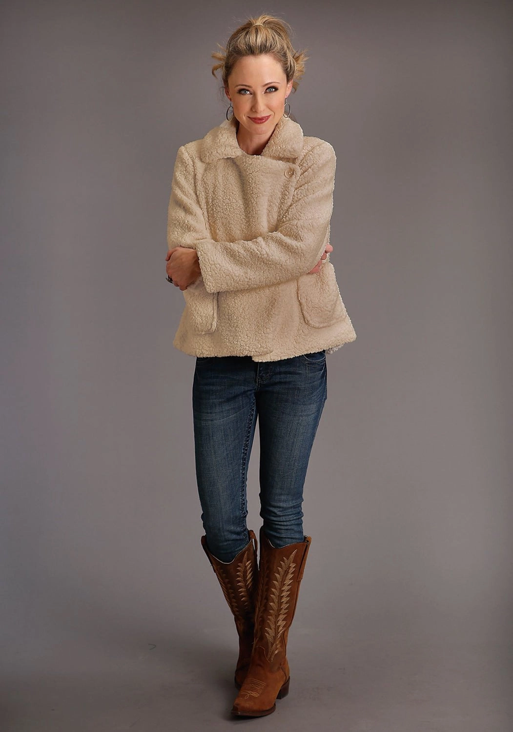 Stetson Womens Fuzzy Oversized Brown 100% Polyester Fleece Jacket Transitional Wear