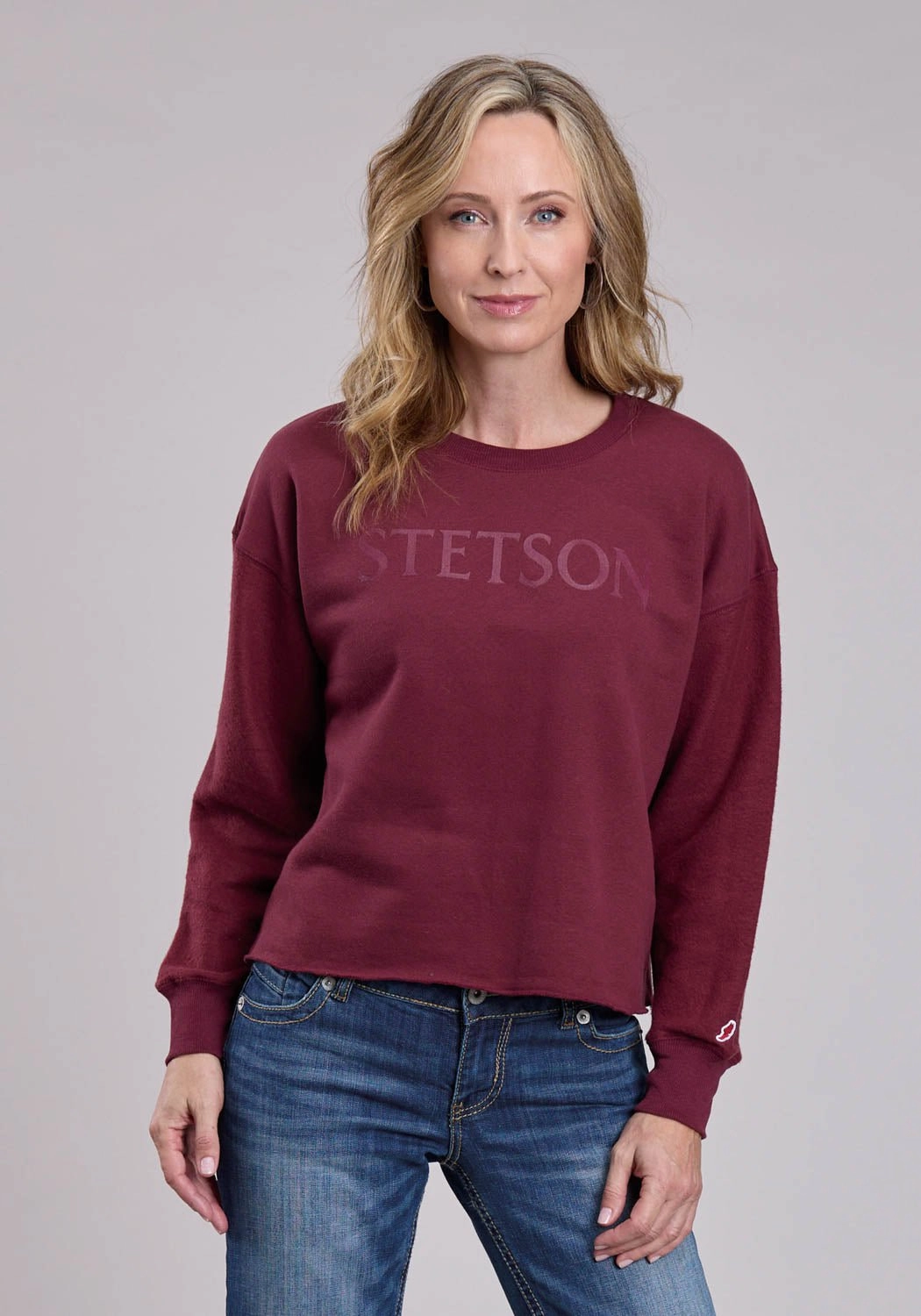 Stetson Womens Mid Length Crew Maroon Cotton Blend Sweatshirt Colorfast Technology