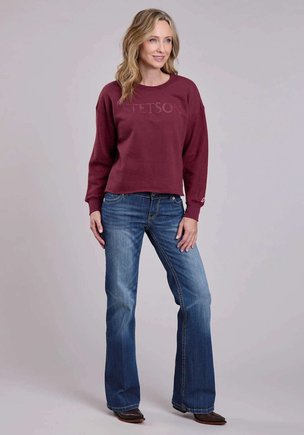 Warm And Comfortable Stetson Womens Mid Length Crew Maroon Cotton Blend Sweatshirt