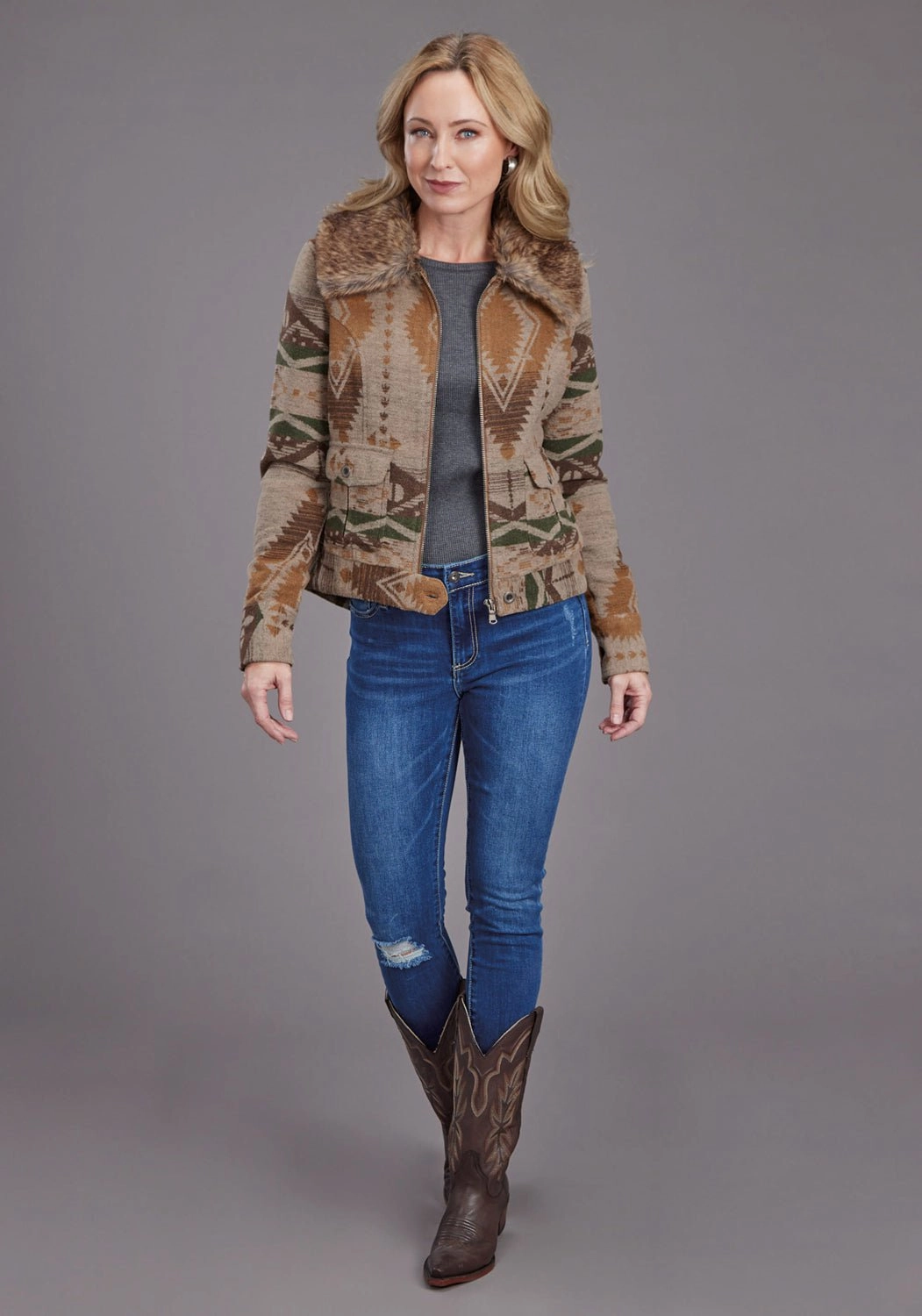 Stetson Womens Multi Aztec Fur Brown Poly/Wool Wool Jacket Quick Release Buckle Mechanism