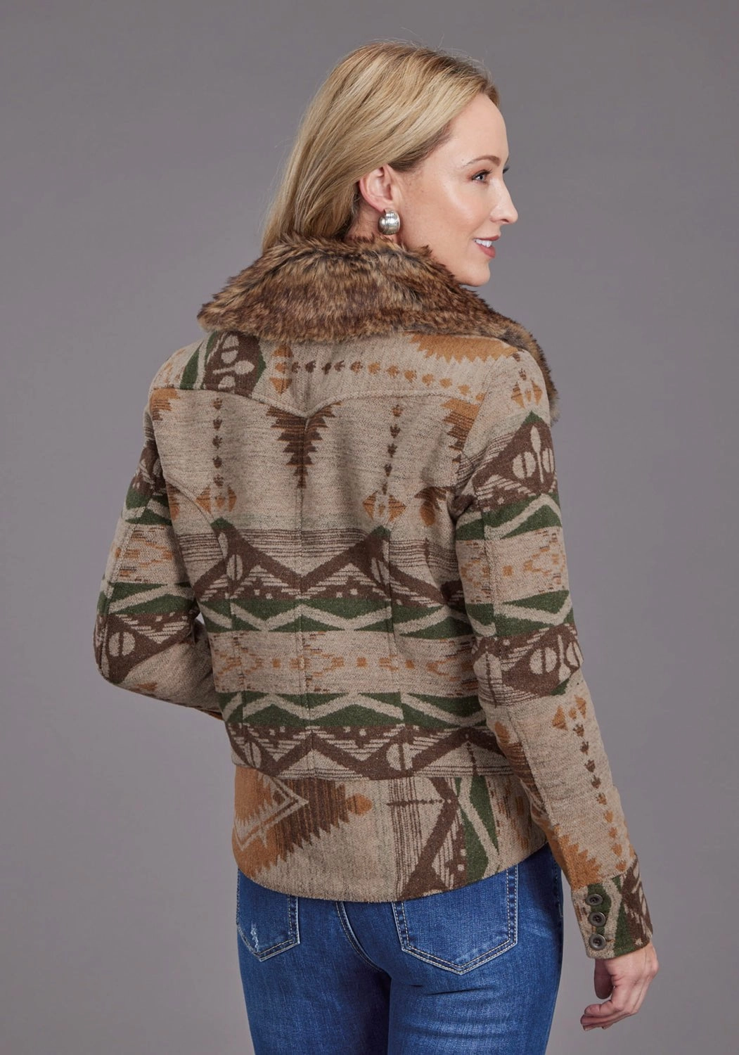 Minimal Aesthetic Quick Release Buckles Stetson Womens Multi Aztec Fur Brown Poly/Wool Wool Jacket