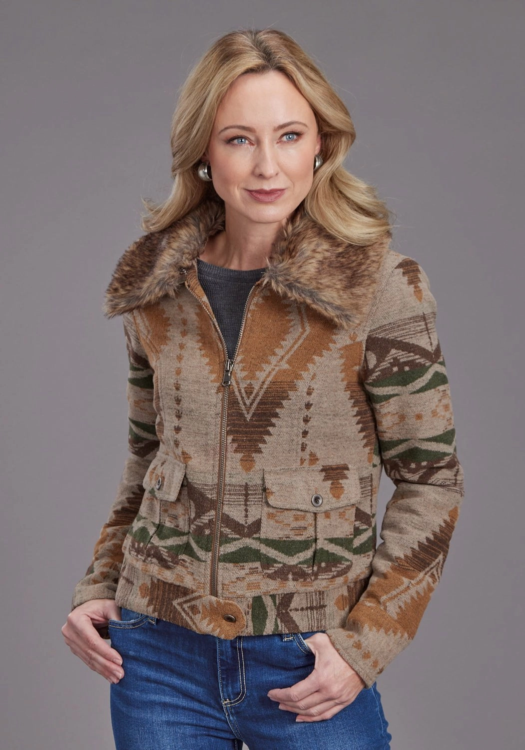 Stetson Womens Multi Aztec Fur Brown Poly/Wool Wool Jacket Modern Minimal