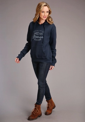 Stretch Knit Comfort Knit Piece Stetson Womens Navy Cotton Blend Mountain Screenprint Hoodie