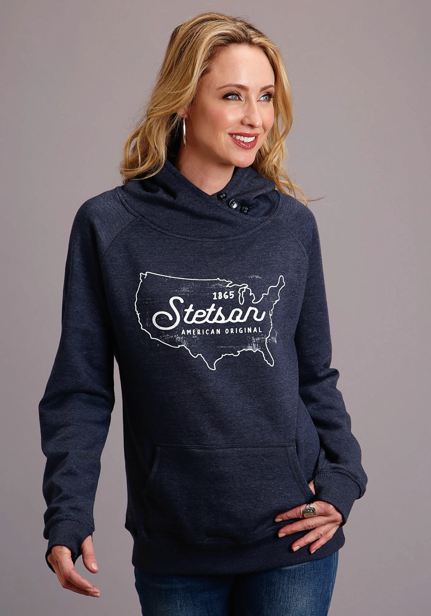 Non Restrictive Cut Odor Control Technology Stetson Womens Navy Cotton Blend Original Usa Hoodie