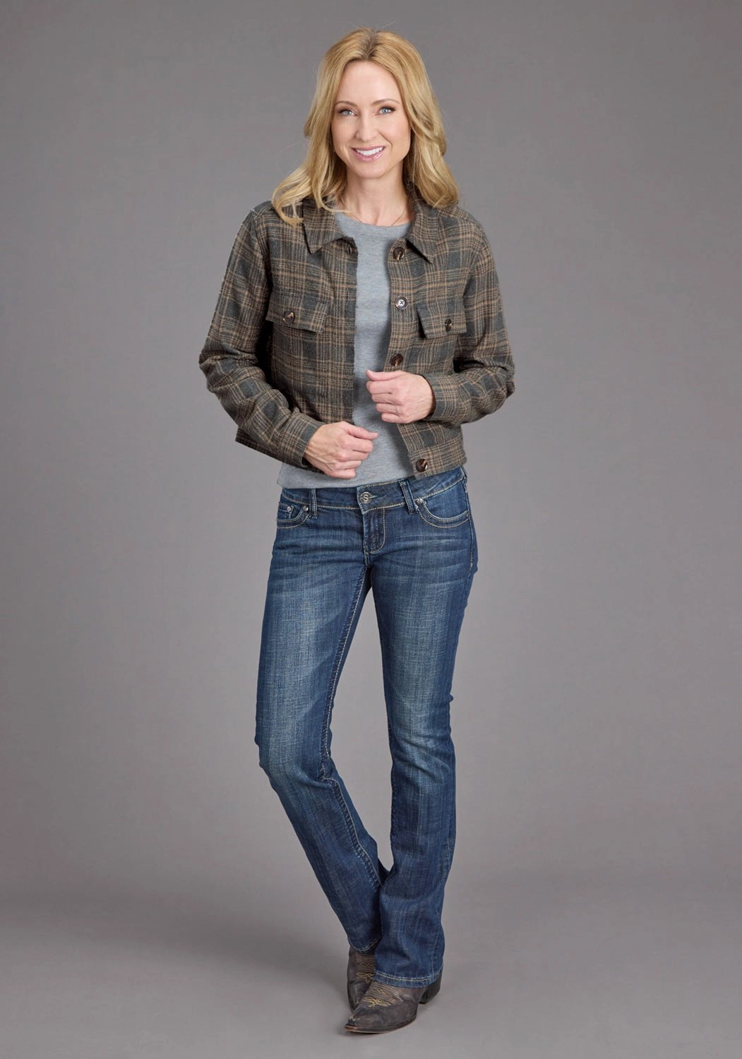 Fleece Lined Interior Stetson Womens Plaid Blanket Collared Grey/Khaki Poly/Wool Jacket