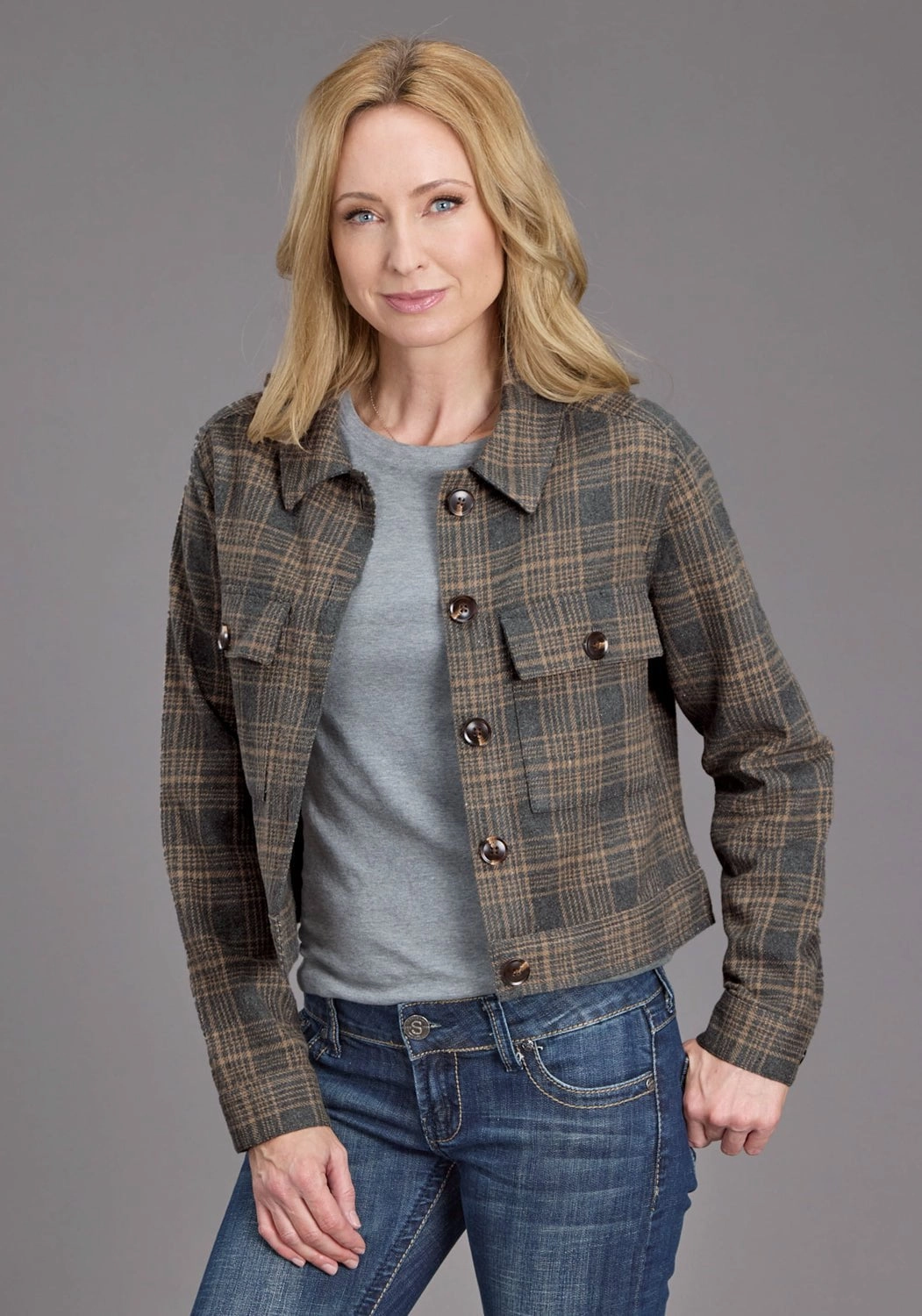 Modern Fit Multi Pocket System Stetson Womens Plaid Blanket Collared Grey/Khaki Poly/Wool Jacket