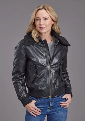 Reinforced Seam Durability Stetson Womens Smooth Bomber Black Leather Leather Jacket
