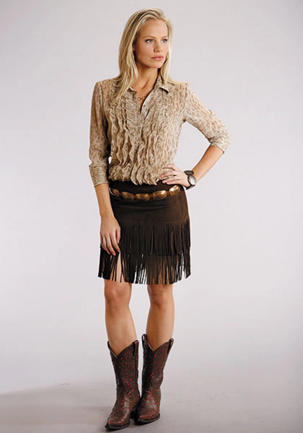 Stetson Womens Suede Fringe Brown Leather Skirt Elasticized Hem