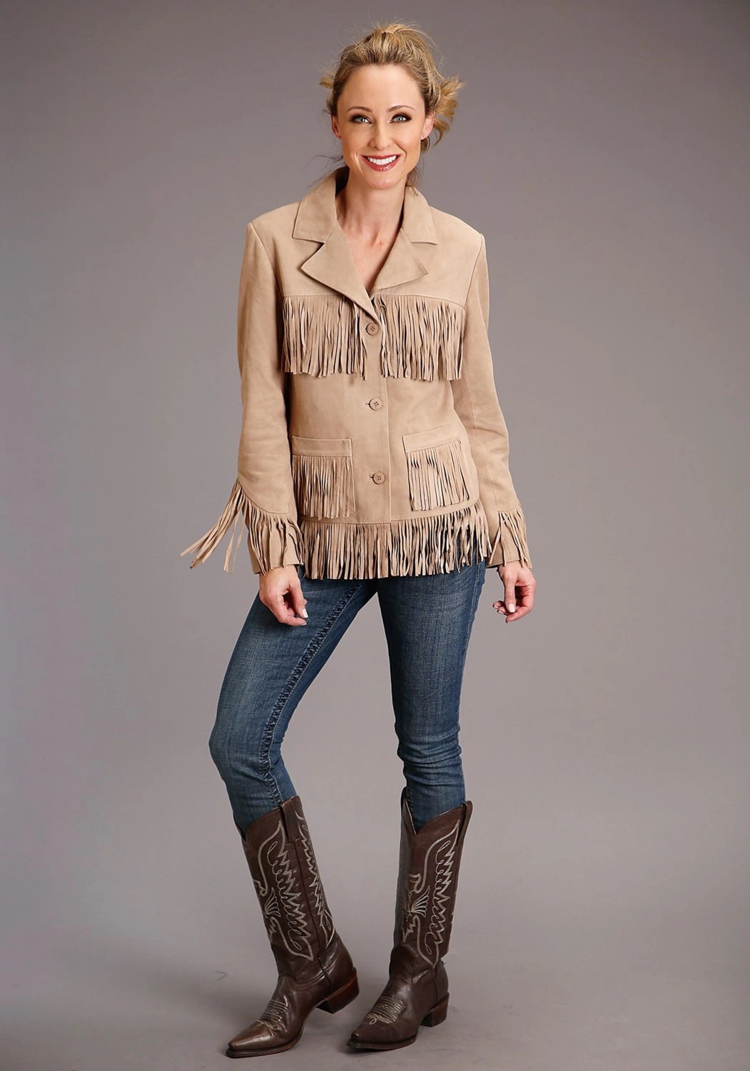 Lightweight insulation Stetson Womens Tan Leather Iconic Fringe Jacket
