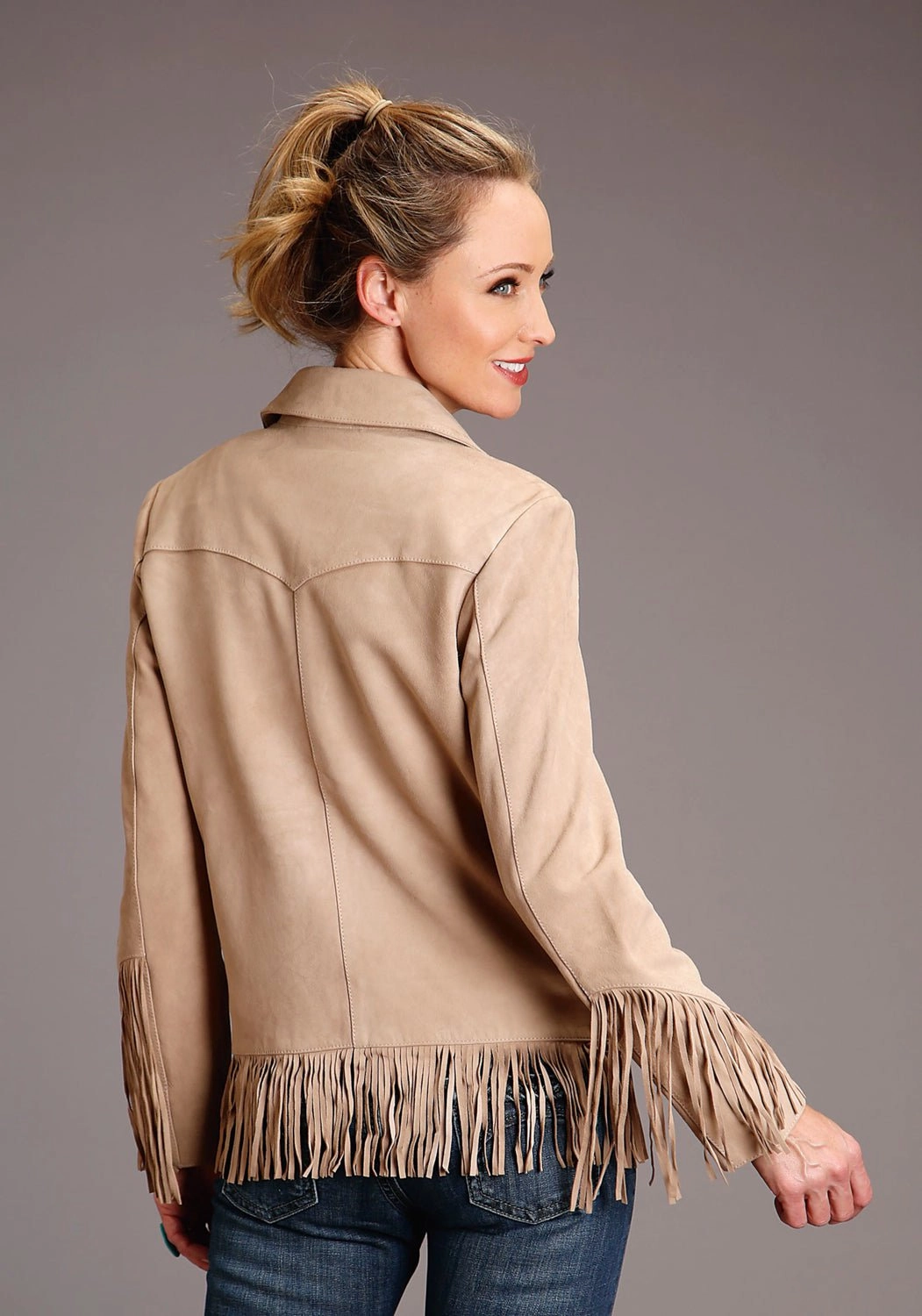 Stetson Womens Tan Leather Iconic Fringe Jacket Wind Shield Zipper Closure Mechanism