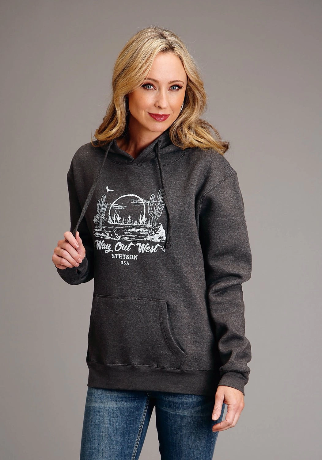Non Irritating Seams Multi Pocket Layout Stetson Womens Way Out West Grey Cotton Blend Hoodie