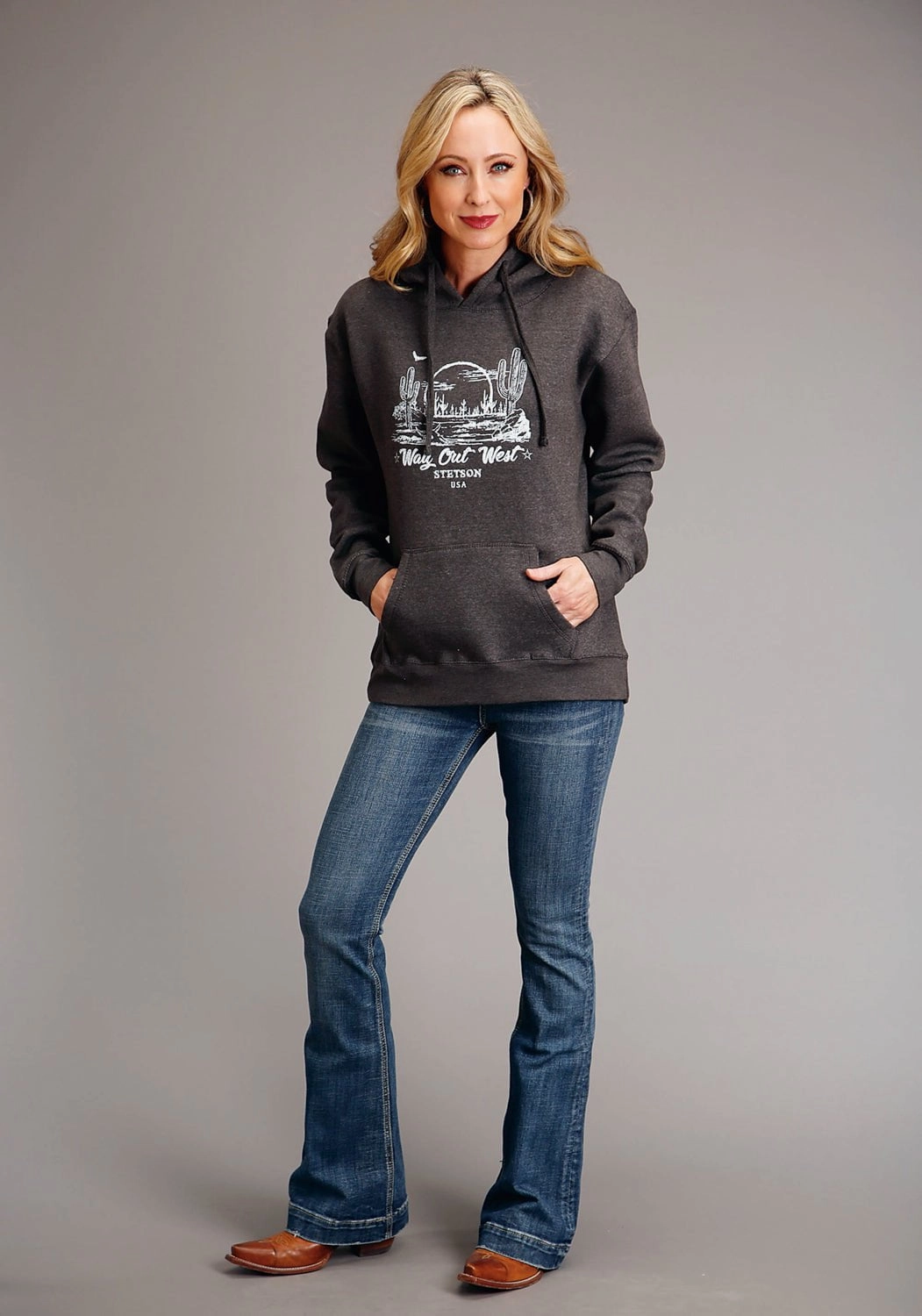 Flatlock stitching Stetson Womens Way Out West Grey Cotton Blend Hoodie