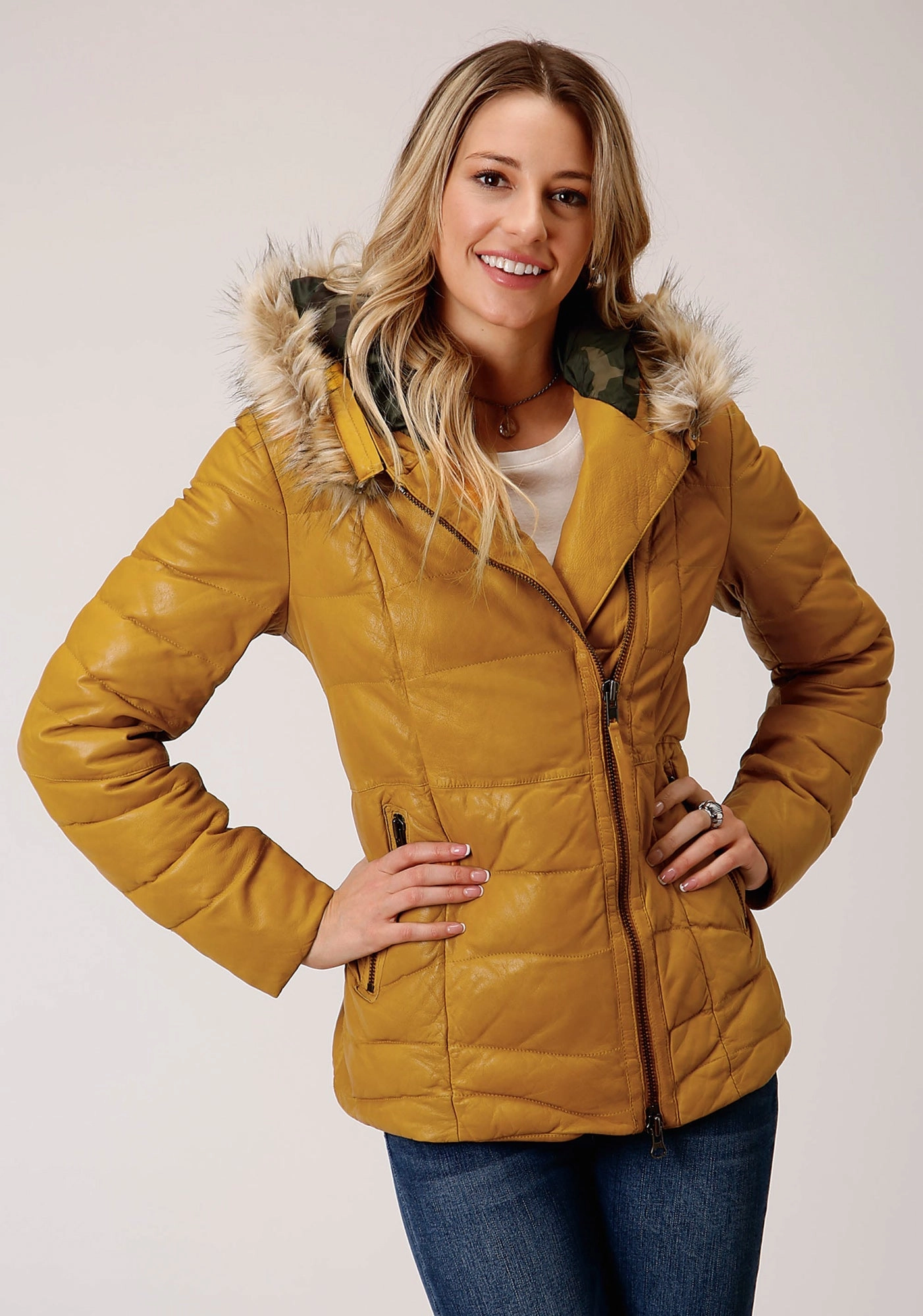 Stetson Womens Yellow Leather Quilted Hooded Jacket Snow Block Outdoor Look