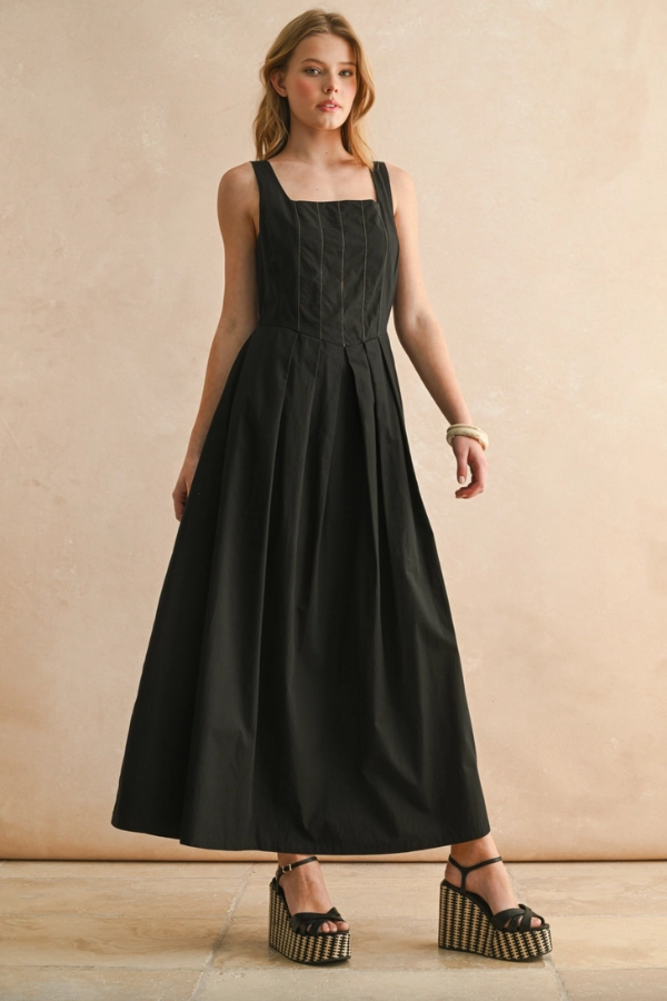 Contoured Armhole Design Ventilated Panels Stitch Detail Pleated Dress