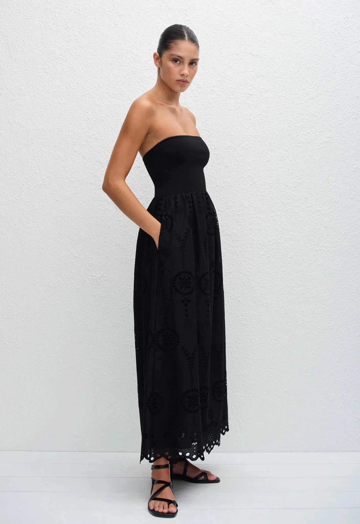 Strapless Knit and Broderie Dress in Black light layering