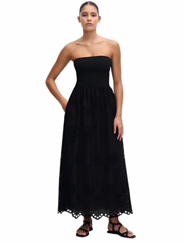 Strapless Knit and Broderie Dress in Black Simple Elegance