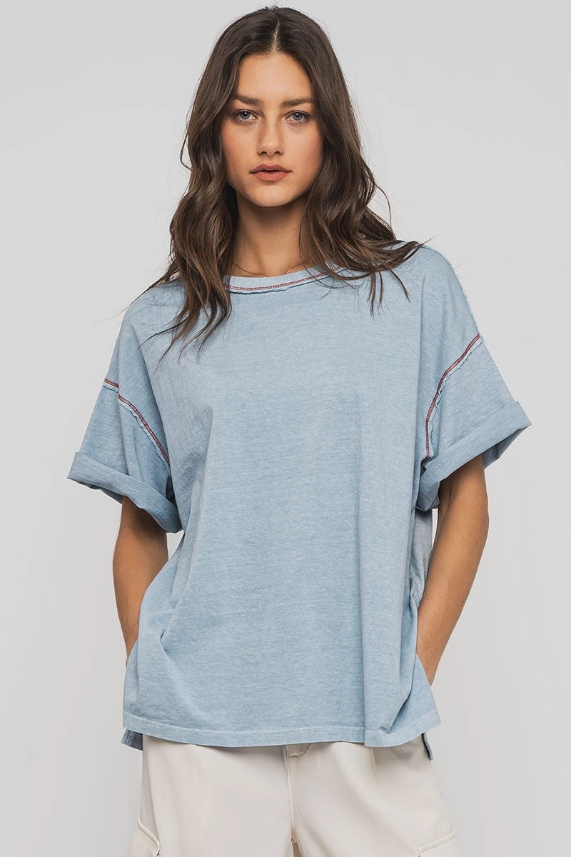 Casual Tee Stretch Woven Material Timeless Oversized Tee - Blue