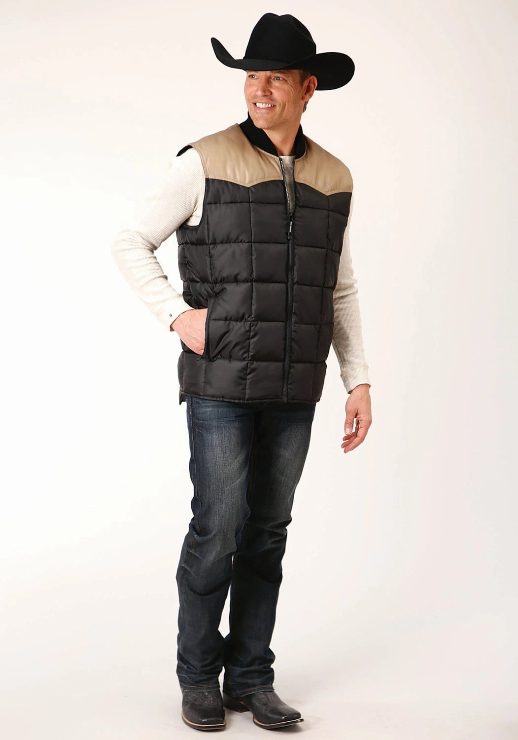 Roper Mens Western Quilted Black 100% Polyester Softshell Vest Weatherproof Technology